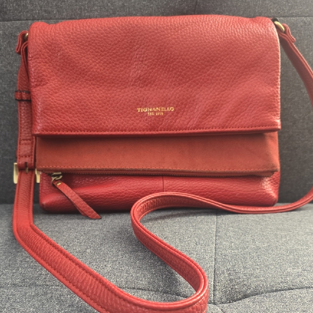 Tignanello Red Pebbled Leather & Suede Crossbody